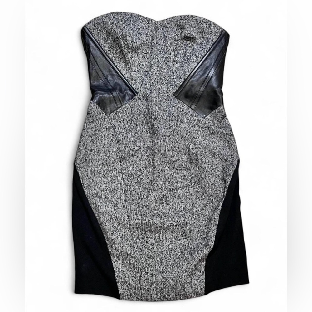 bebe Strapless Tweed Bodycon Dress in Gray and Black